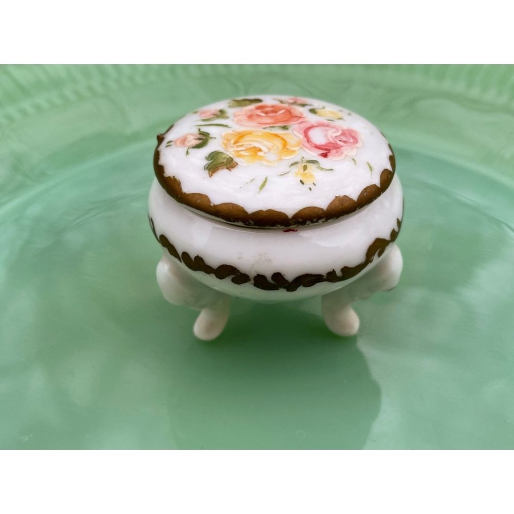 Vintage footed Porcelain Trinket box Hand painted roses
